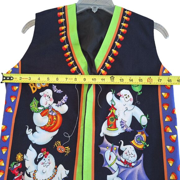 Halloween Vest Whimsical Cotton black orange lime Ghosts Homemade VTG small med - Picture 7 of 11